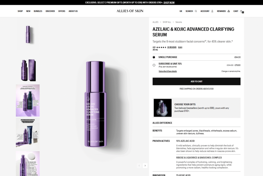 allies of skin product display page azaelaic serum