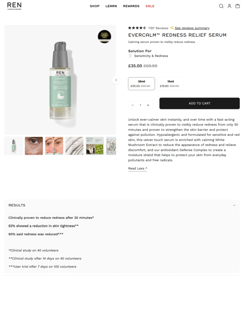 ren clean skincare redness relief serum product display page
